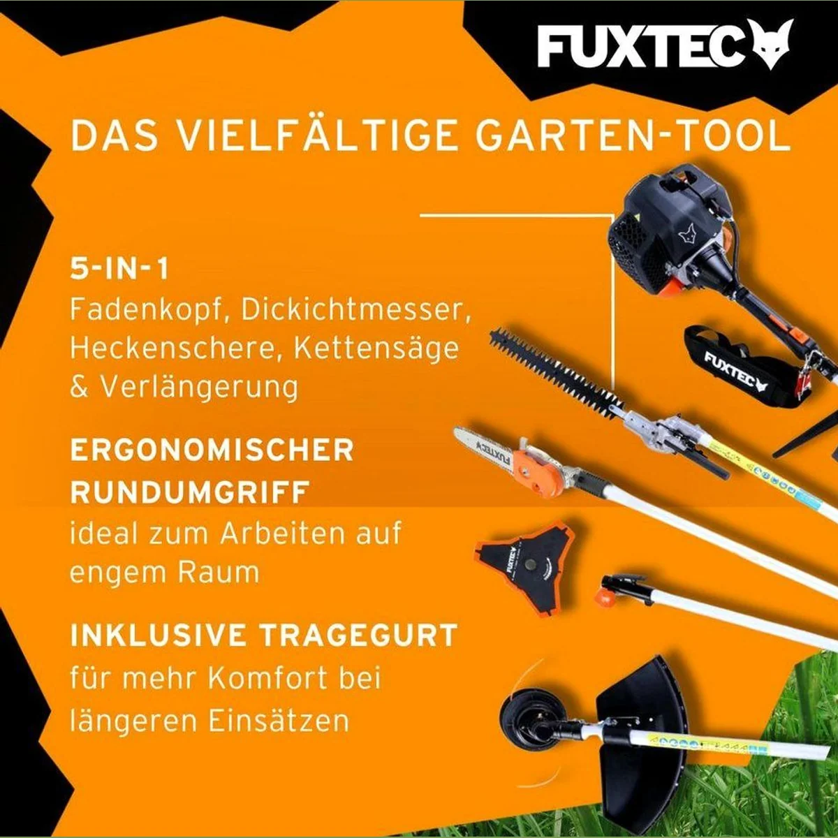 FUXTEC FX-MT252ER Benzin-Motorsense, 5in1 Multitool, 3PS, abwinkelbarer Hochentaster 5