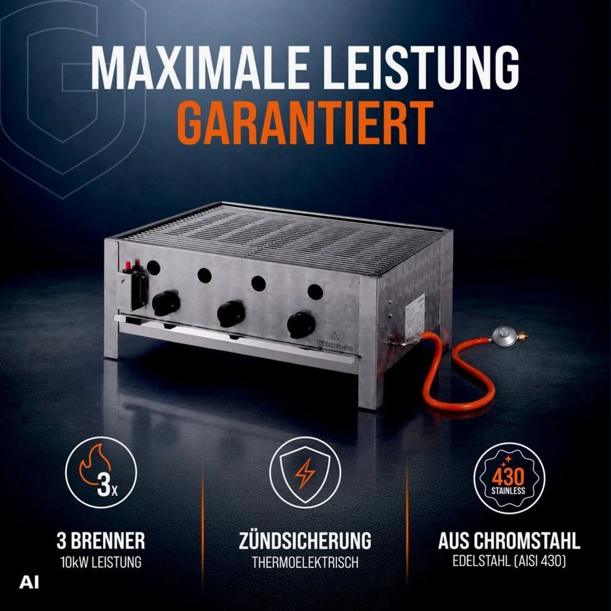 GastroHero Gasgrill Tischbräter, 3 Brenner 10 kW, 63x50 cm Grillfläche 2