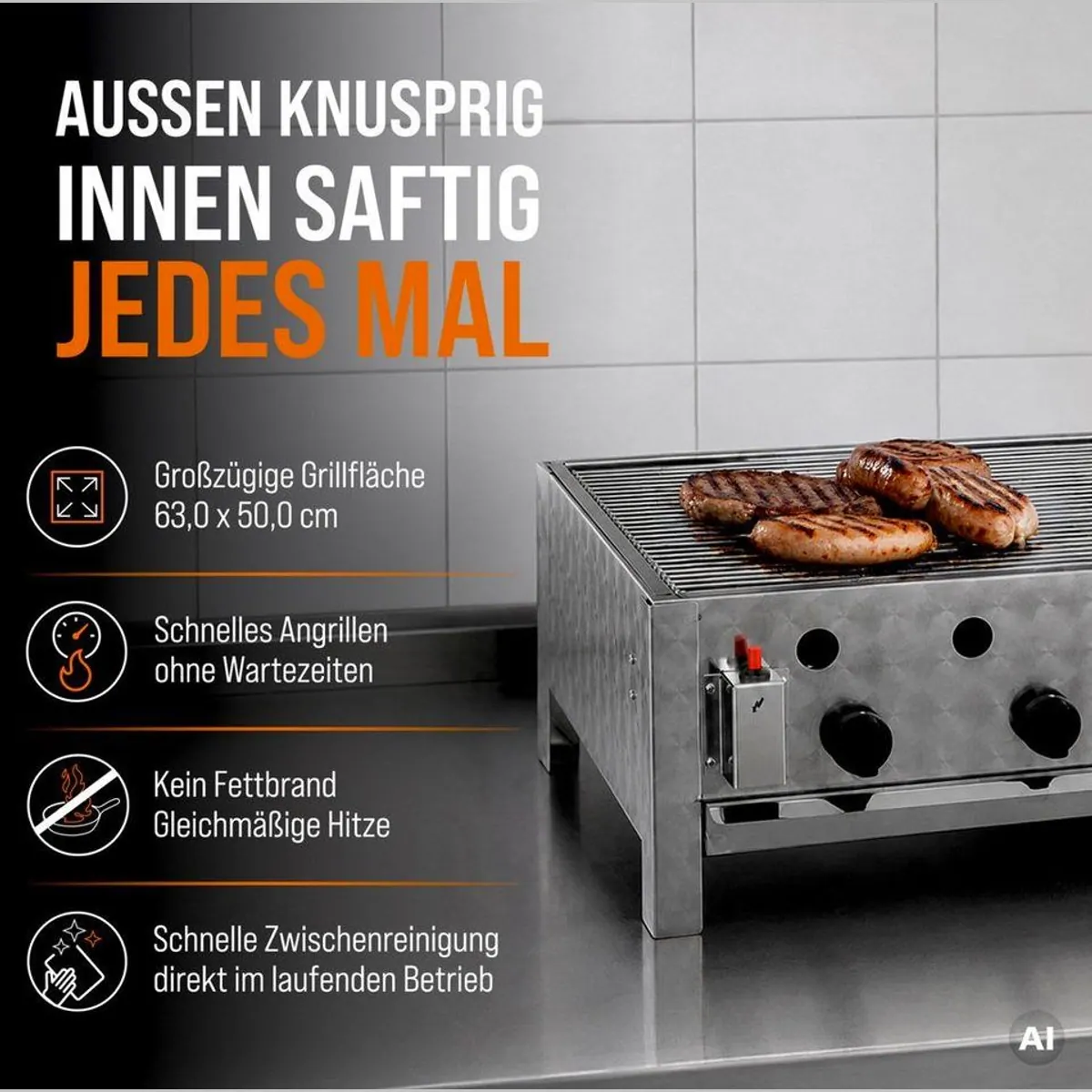 GastroHero Gasgrill Tischbräter, 3 Brenner 10 kW, 63x50 cm Grillfläche 3