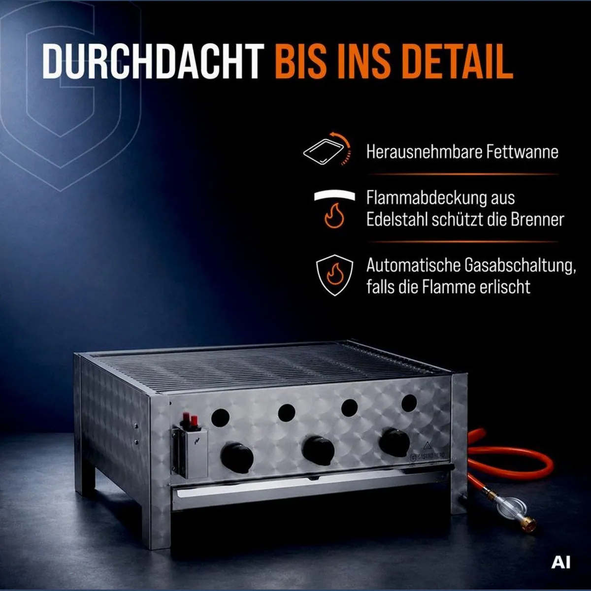 GastroHero Gasgrill Tischbräter, 3 Brenner 10 kW, 63x50 cm Grillfläche 4