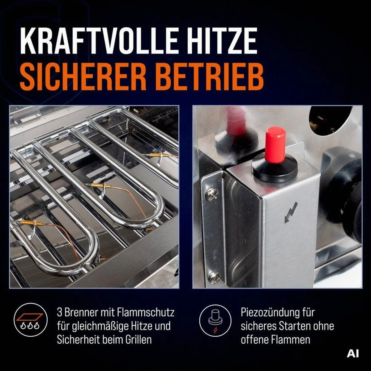 GastroHero Gasgrill Tischbräter, 3 Brenner 10 kW, 63x50 cm Grillfläche 5