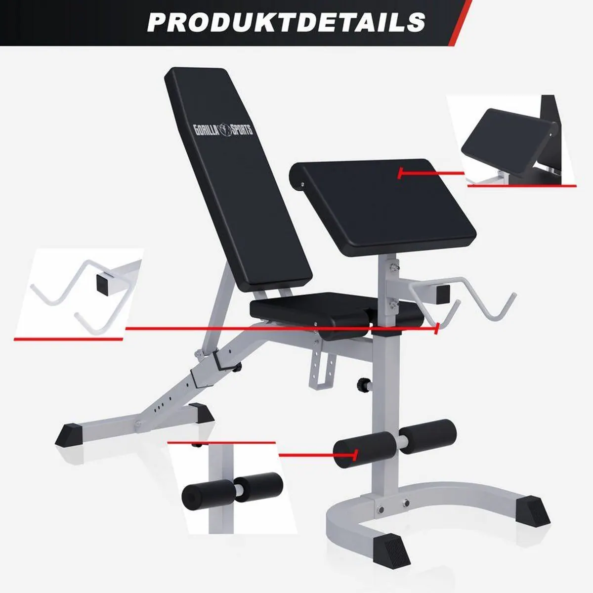 GORILLA SPORTS Hantelbank mit Curlpult, 250 kg max. Belastung, verstellbare Rückenlehne 5