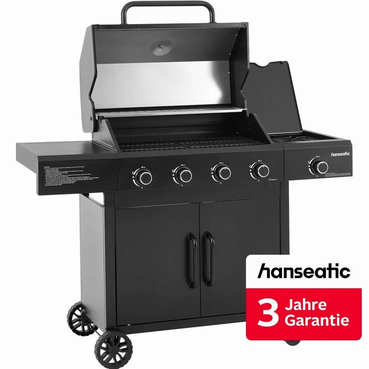 Hanseatic Rockford Black Gasgrill, 4 Brenner + Seitenbrenner, einfache Reinigung