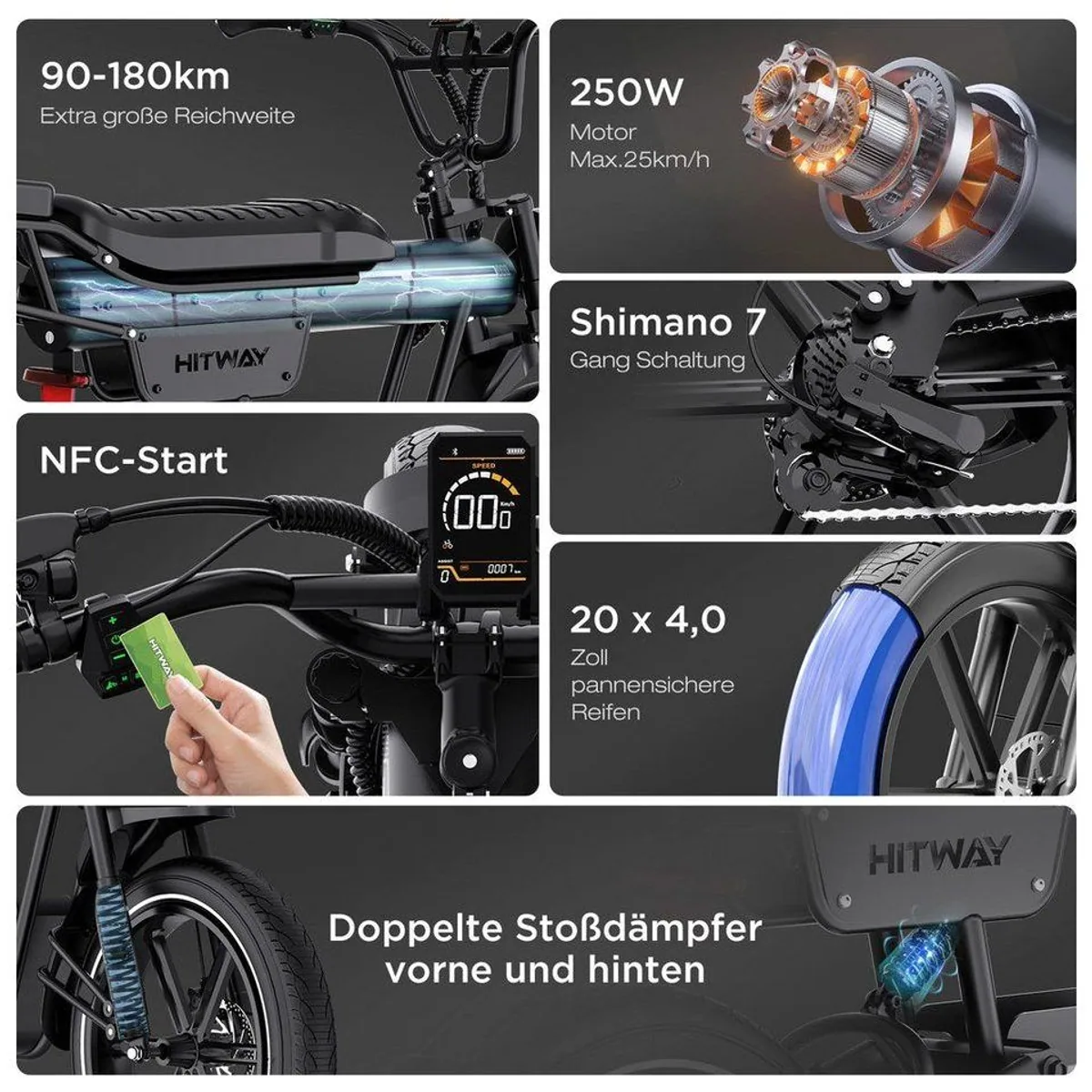 HITWAY E-Bike Mountainbike, 48V Akku, 7-Gang Shimano, 20 Zoll Fatbike-Reifen 2