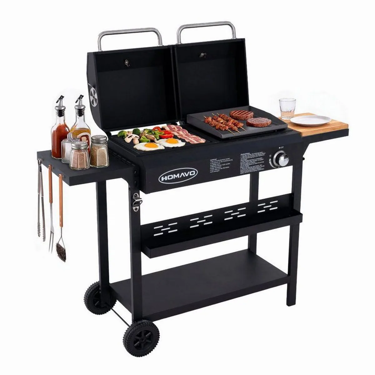 HOMAVO Gasgrill 2-in-1, Gas- & Holzkohlebetrieb, robust und vielseitig