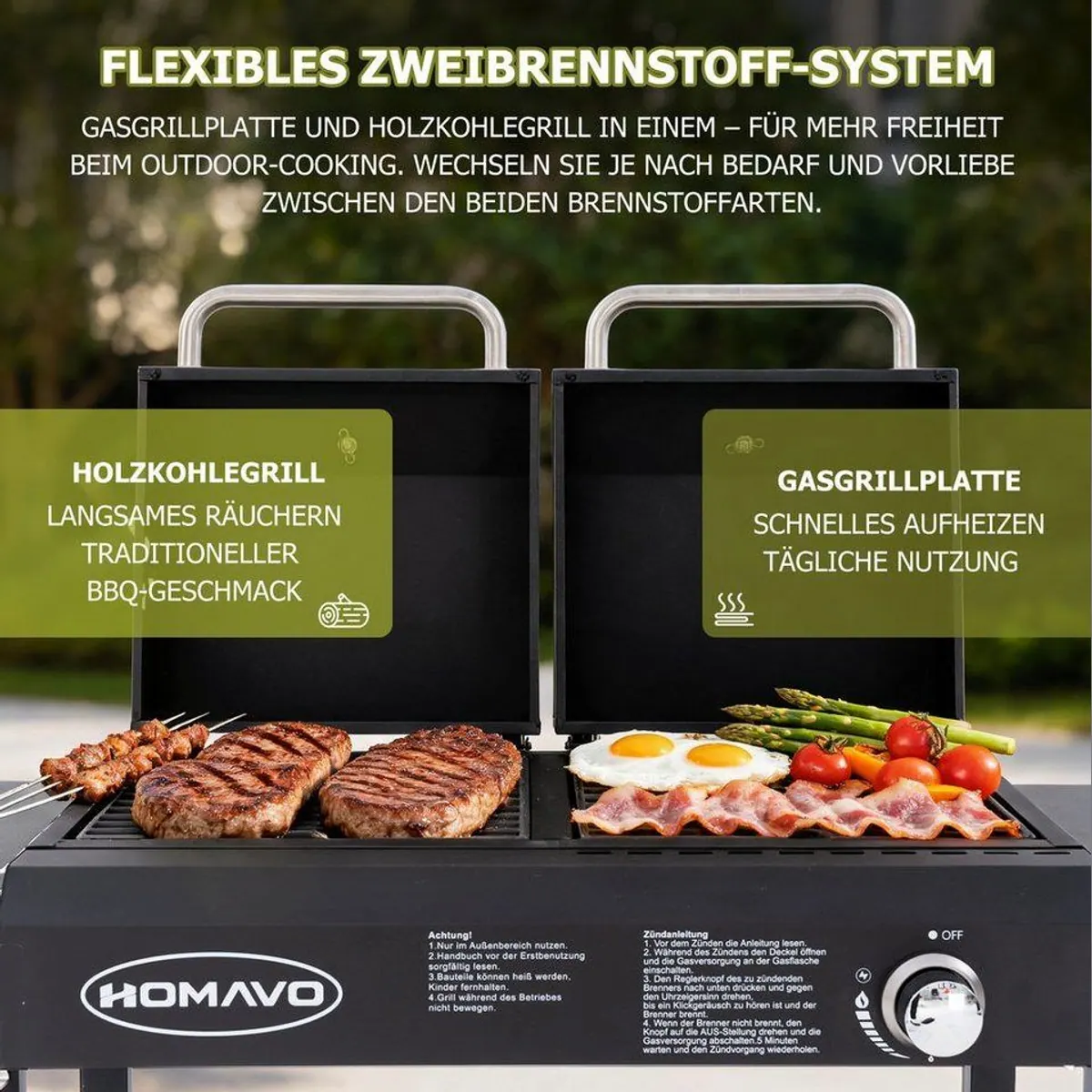 HOMAVO Gasgrill 2-in-1, Gas- & Holzkohlebetrieb, robust und vielseitig 2