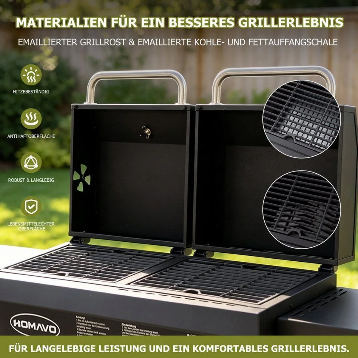 HOMAVO Gasgrill 2-in-1, Gas- & Holzkohlebetrieb, robust und vielseitig 3