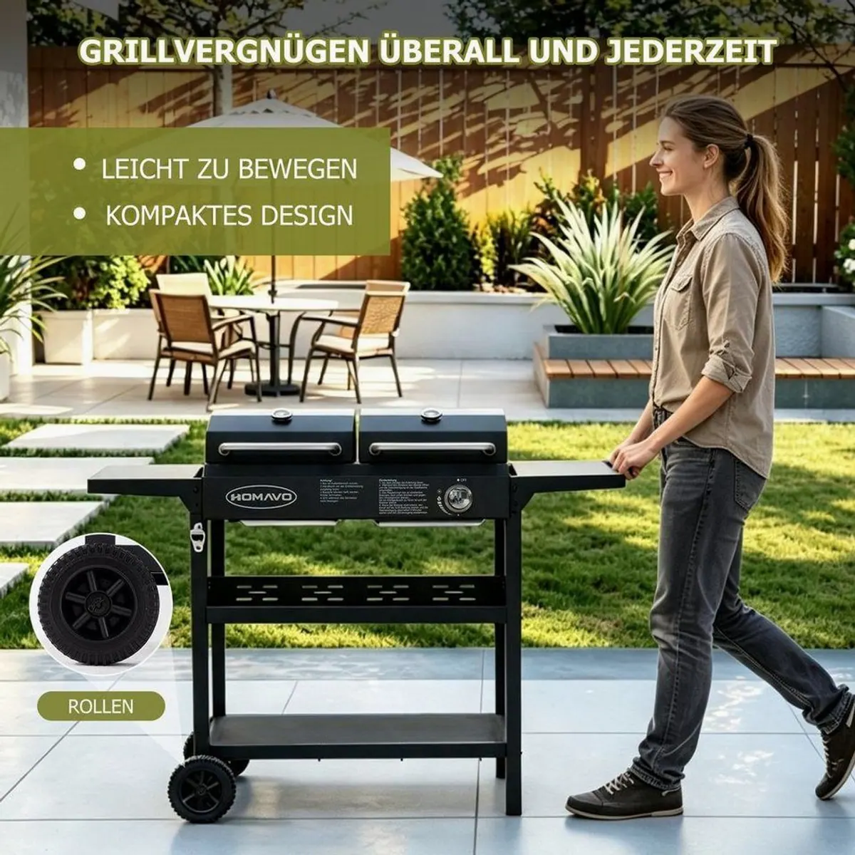 HOMAVO Gasgrill 2-in-1, Gas- & Holzkohlebetrieb, robust und vielseitig 4