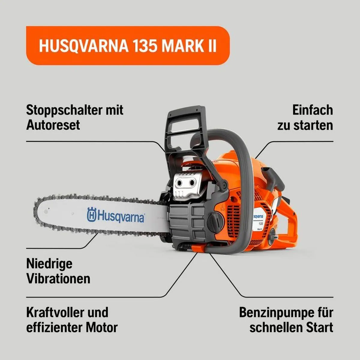 Husqvarna 135 Mark II Benzin-Kettensäge, 35 cm Schwert, X-Torq Motor, LowVib Technologie 2