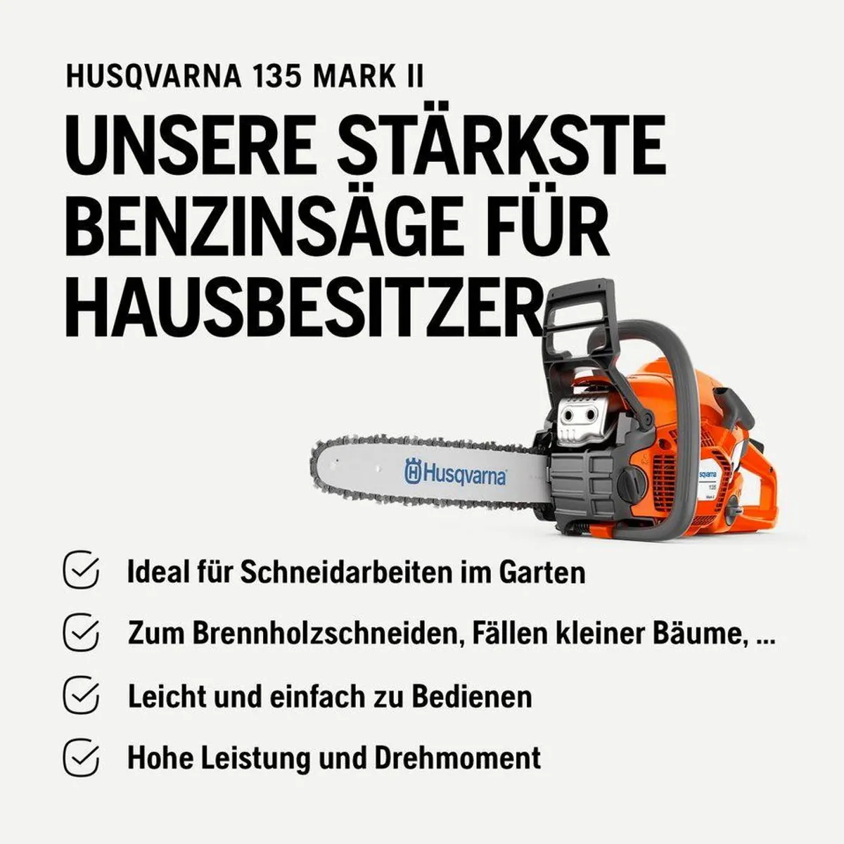 Husqvarna 135 Mark II Benzin-Kettensäge, 35 cm Schwert, X-Torq Motor, LowVib Technologie 3