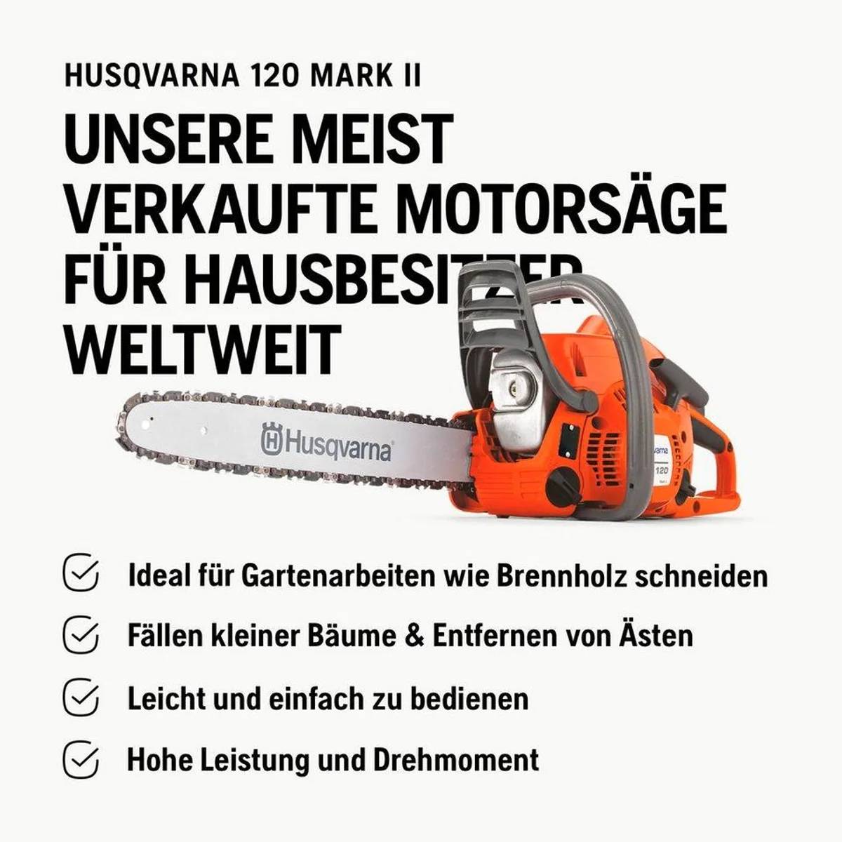 Husqvarna 120 Mark II Benzin-Kettensäge, 35 cm Schwertlänge, X-Torq Motor, LowVib 3