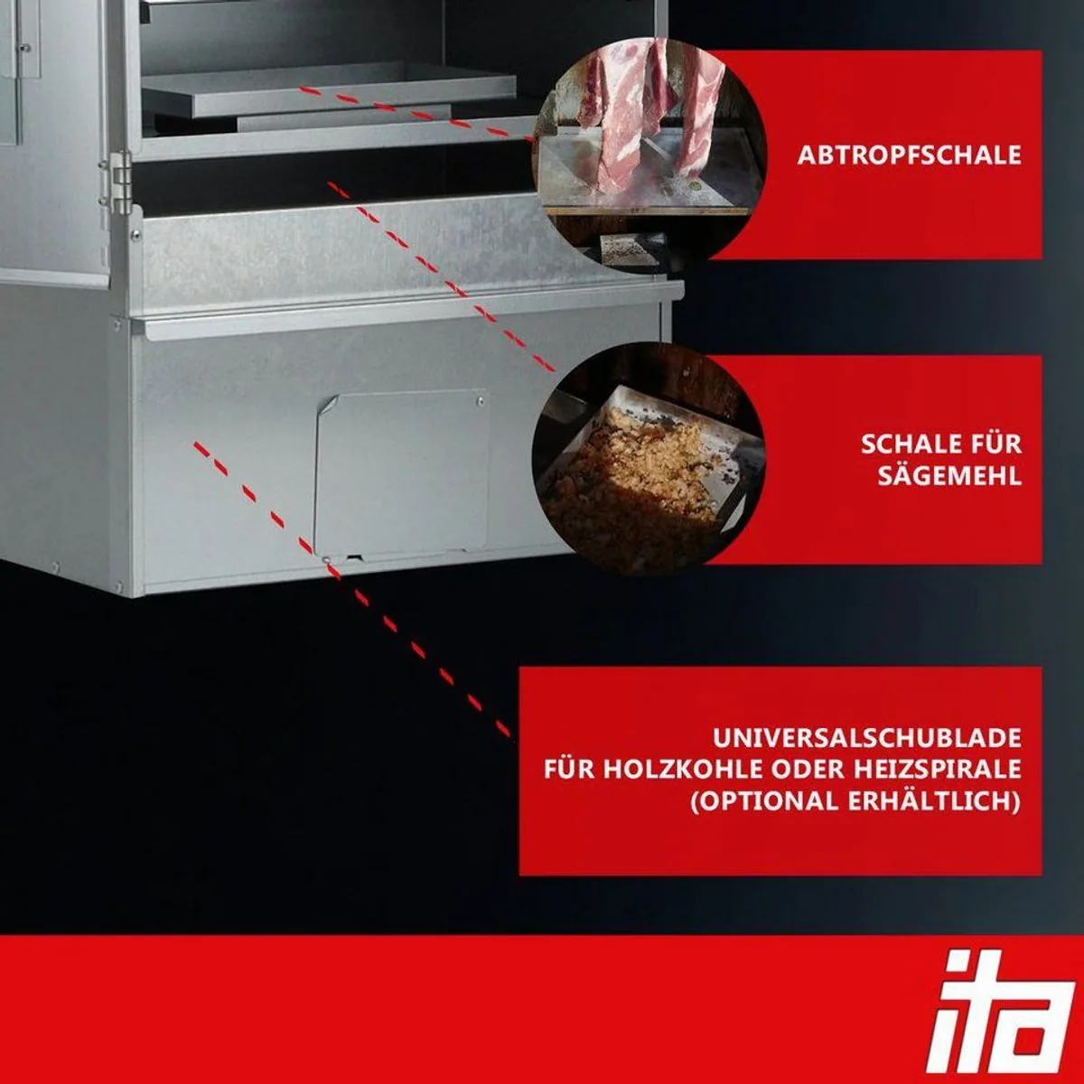 ITA Räucherofen 7004, Edelstahl, 13 Haken, 1 mm Materialstärke — 111 cm hoch, für 12-13 kg 3