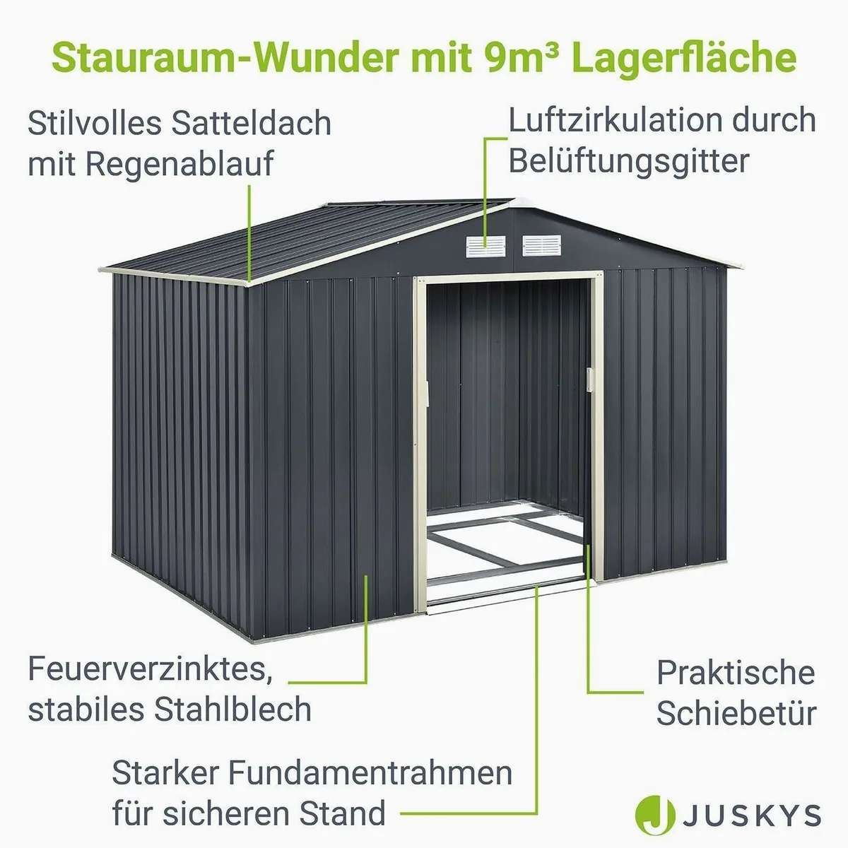 Juskys Gartenhaus XL, 277x191 cm, Satteldach, Doppelschiebetür, Metall 3