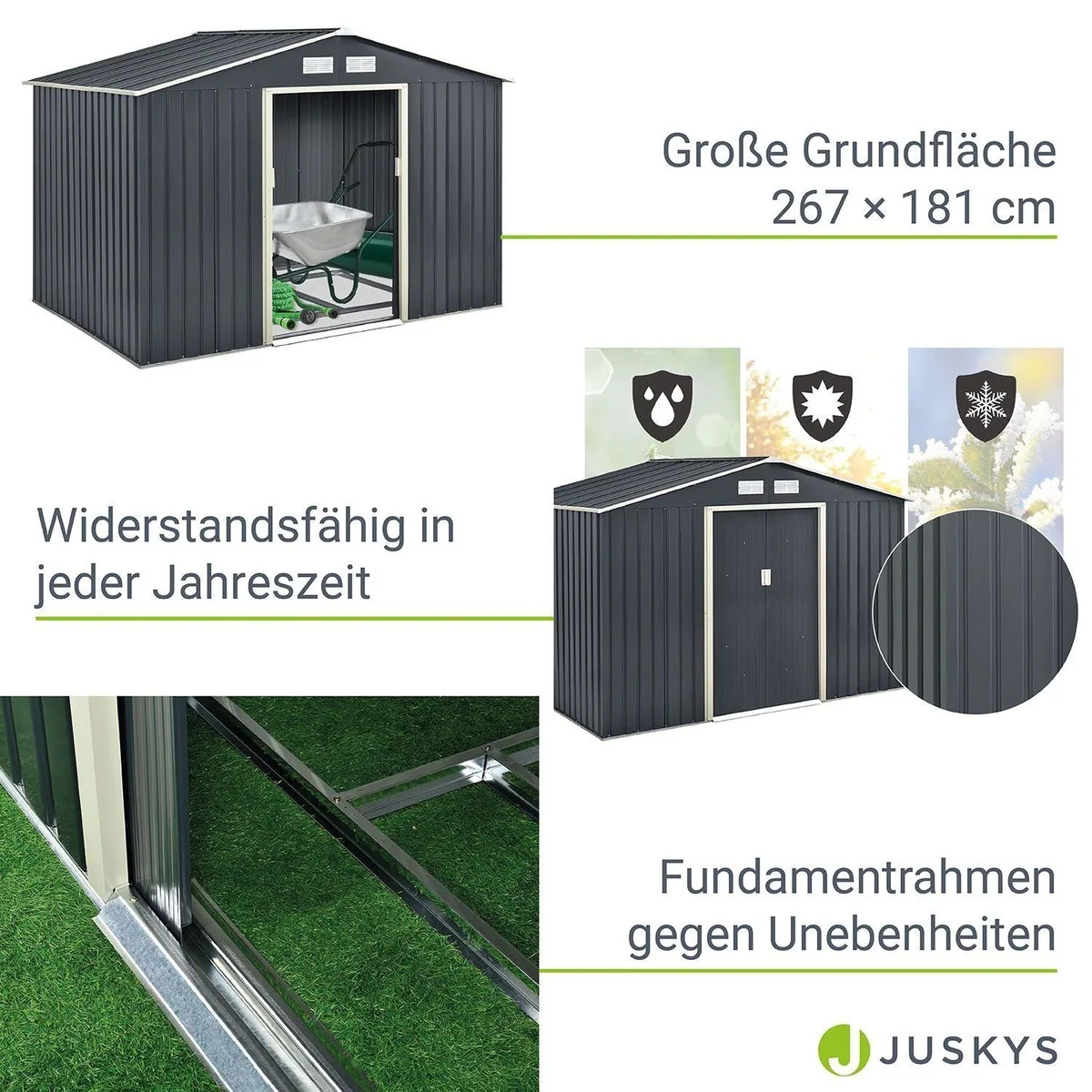 Juskys Gartenhaus XL, 277x191 cm, Satteldach, Doppelschiebetür, Metall 4