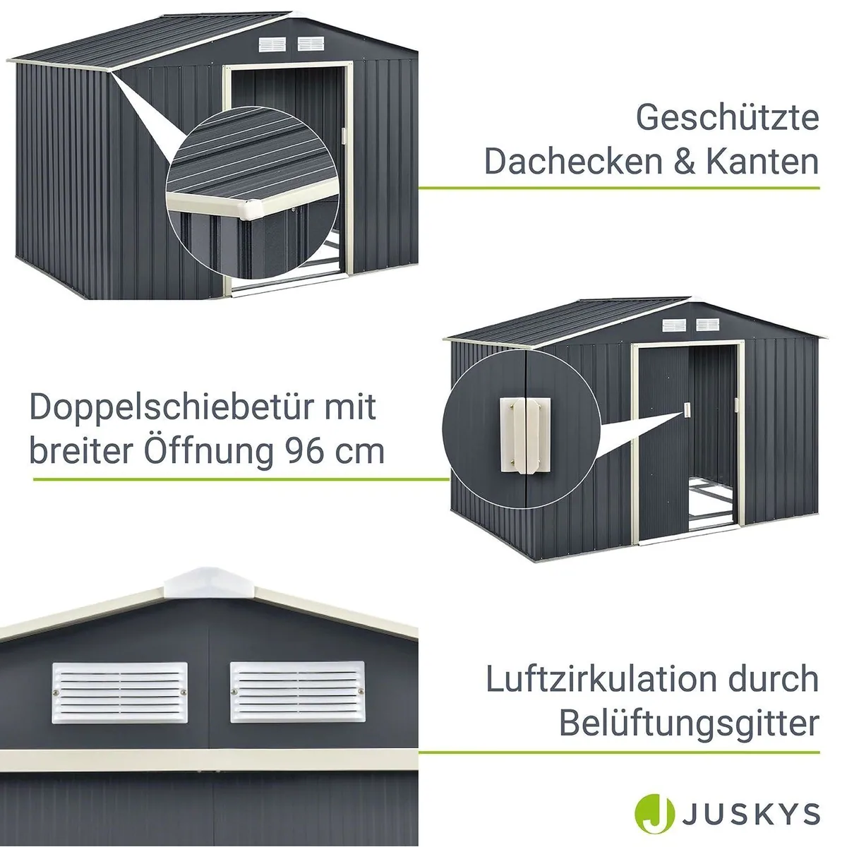 Juskys Gartenhaus XL, 277x191 cm, Satteldach, Doppelschiebetür, Metall 5