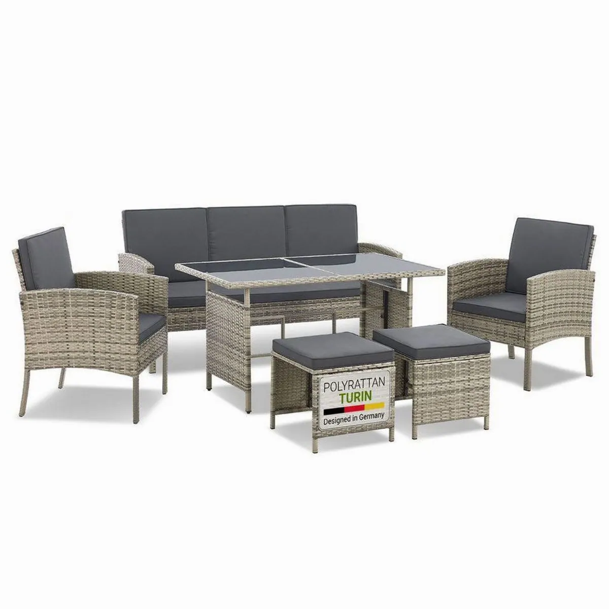Juskys Turin Gartenlounge-Set, für 7 Personen, inkl. Tisch & Hocker