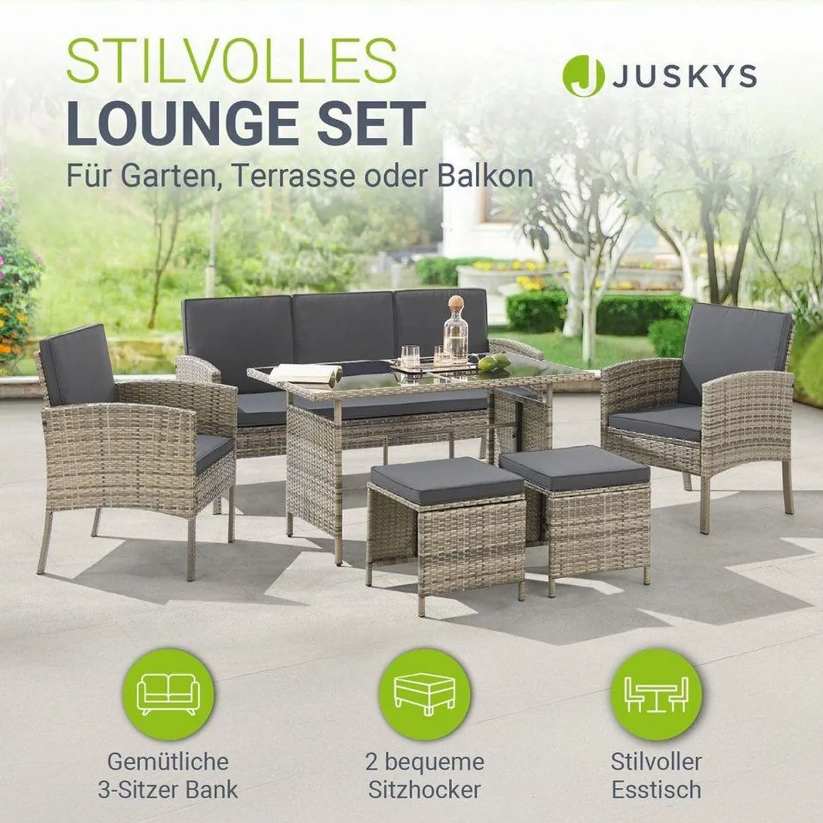 Juskys Turin Gartenlounge-Set, für 7 Personen, inkl. Tisch & Hocker 2