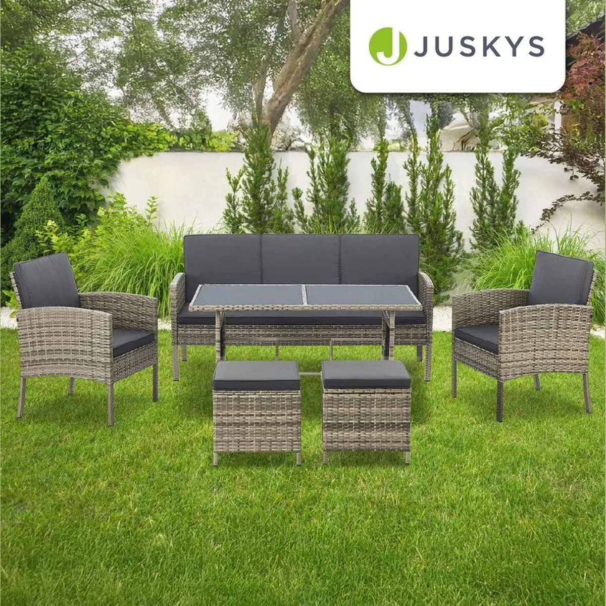 Juskys Turin Gartenlounge-Set, für 7 Personen, inkl. Tisch & Hocker 5