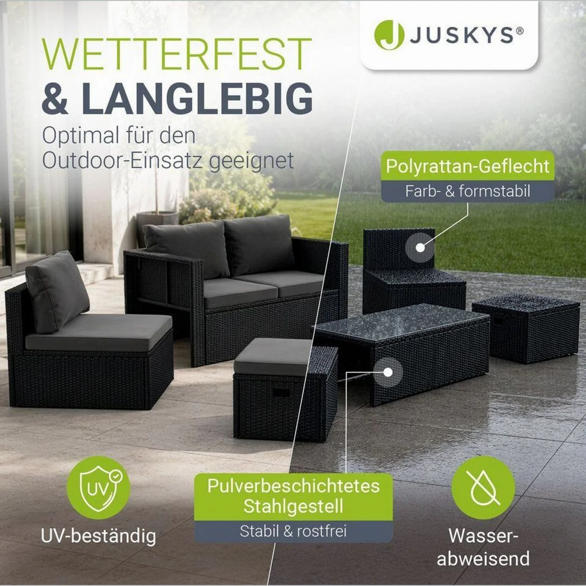 Juskys Gartenlounge-Set Salou, 6-teilig, wetterfest, platzsparend, mit weichen Kissen 3