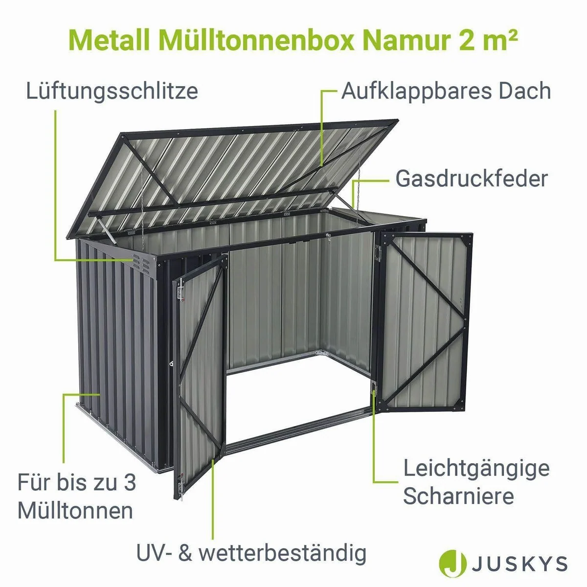 Juskys Mülltonnenbox Namur, verschließbar, Gasdruckfeder, große Türen 3