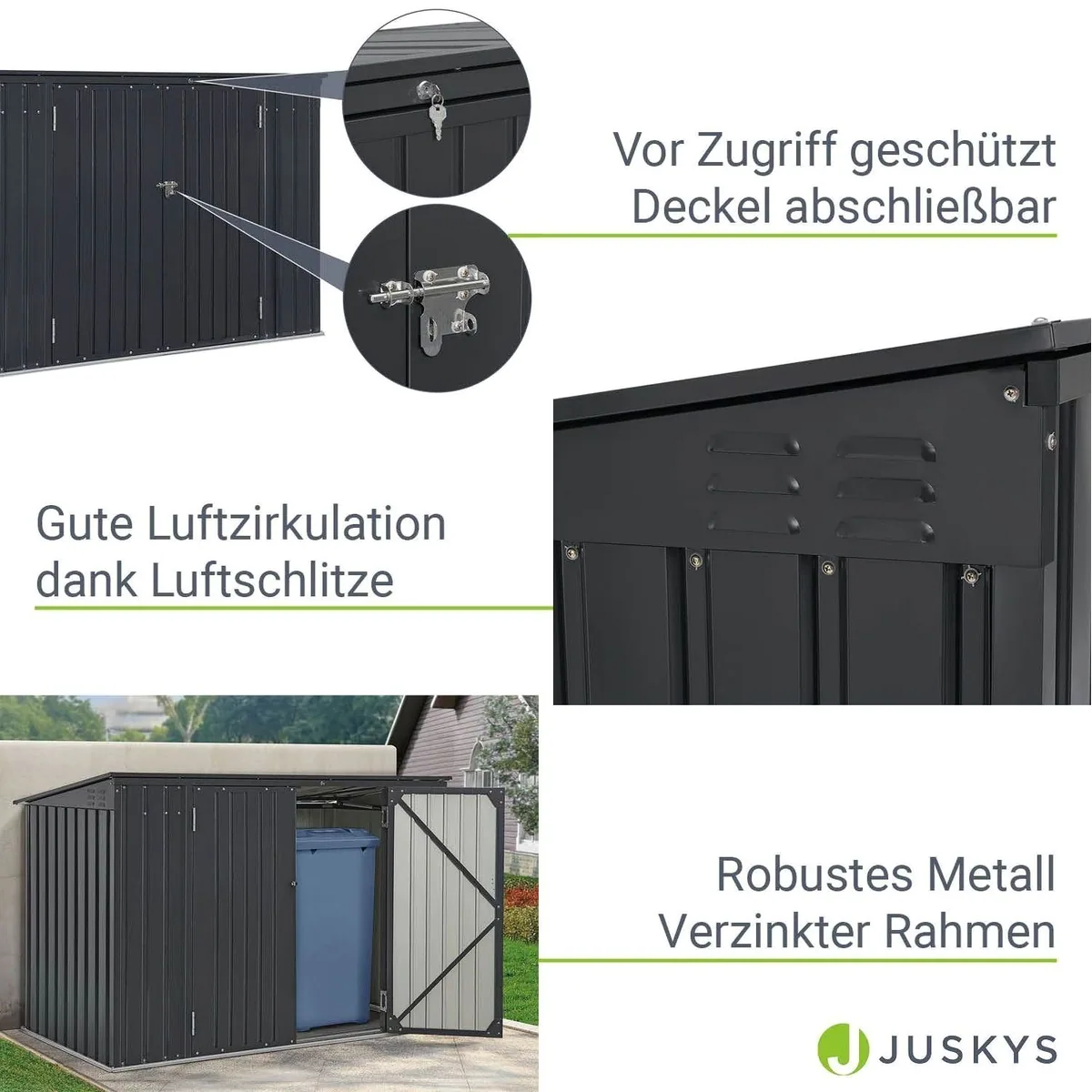 Juskys Mülltonnenbox Namur, verschließbar, Gasdruckfeder, große Türen 5