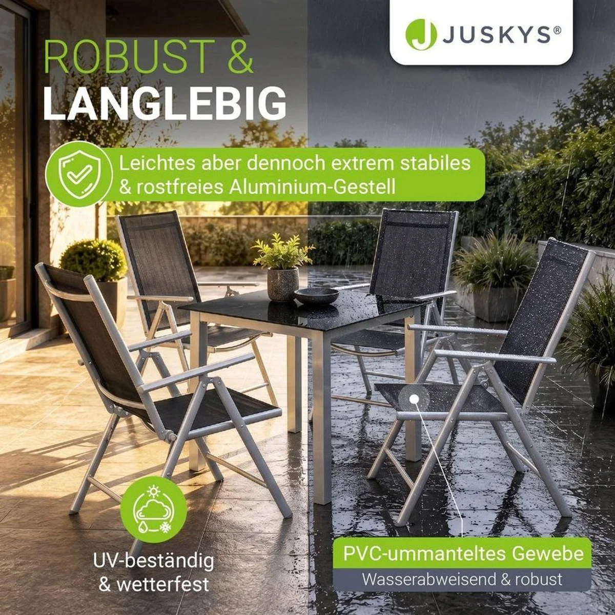 Juskys Milano Garten-Essgruppe, 5-tlg., klappbare Stühle, stabiler Tisch 2