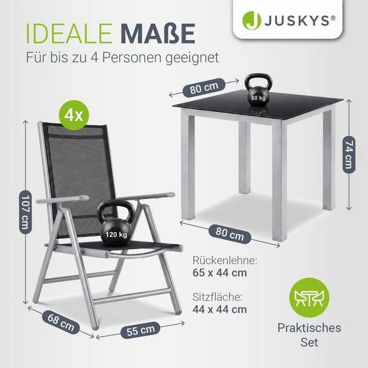 Juskys Milano Garten-Essgruppe, 5-tlg., klappbare Stühle, stabiler Tisch 5