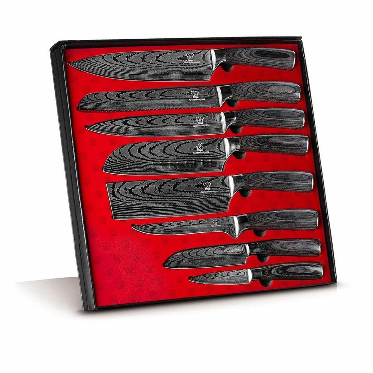 Küchenkompane Kurai Messerset, 8-teilig, mit Pakka-Holzgriff und Damast-Design