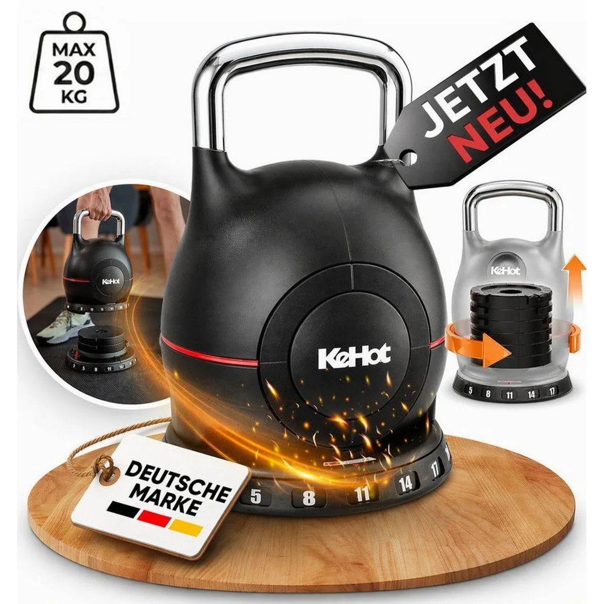 kehot Verstellbare Kettlebell 20 kg, 7 Gewichtsstufen, Schnellverstellung, platzsparend