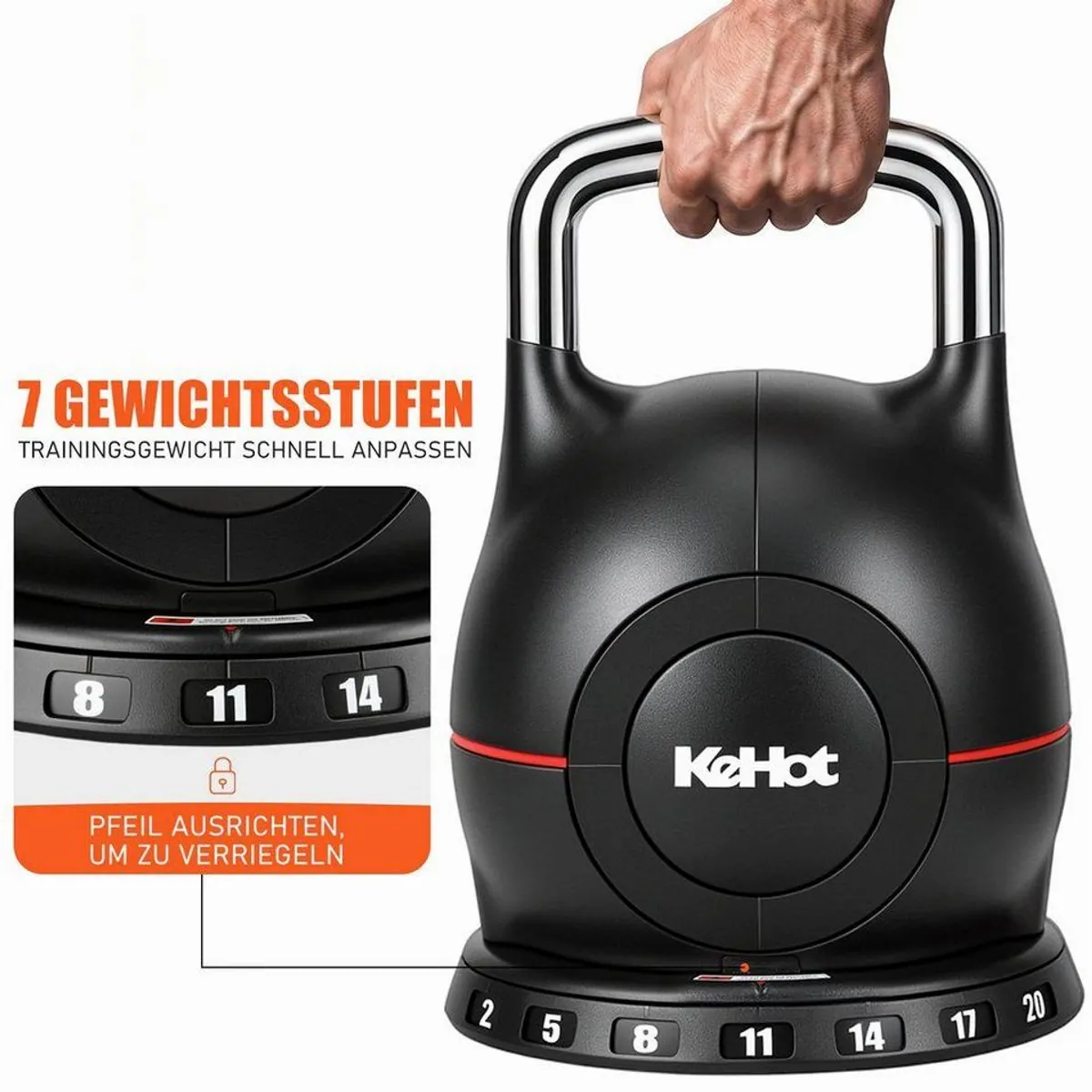 kehot Verstellbare Kettlebell 20 kg, 7 Gewichtsstufen, Schnellverstellung, platzsparend 4