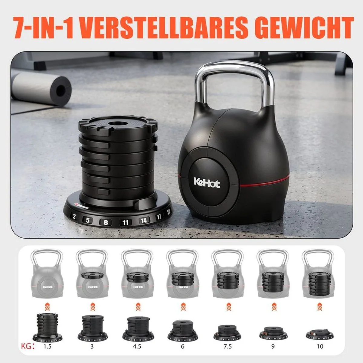 kehot Verstellbare Kettlebell 20 kg, 7 Gewichtsstufen, Schnellverstellung, platzsparend 5