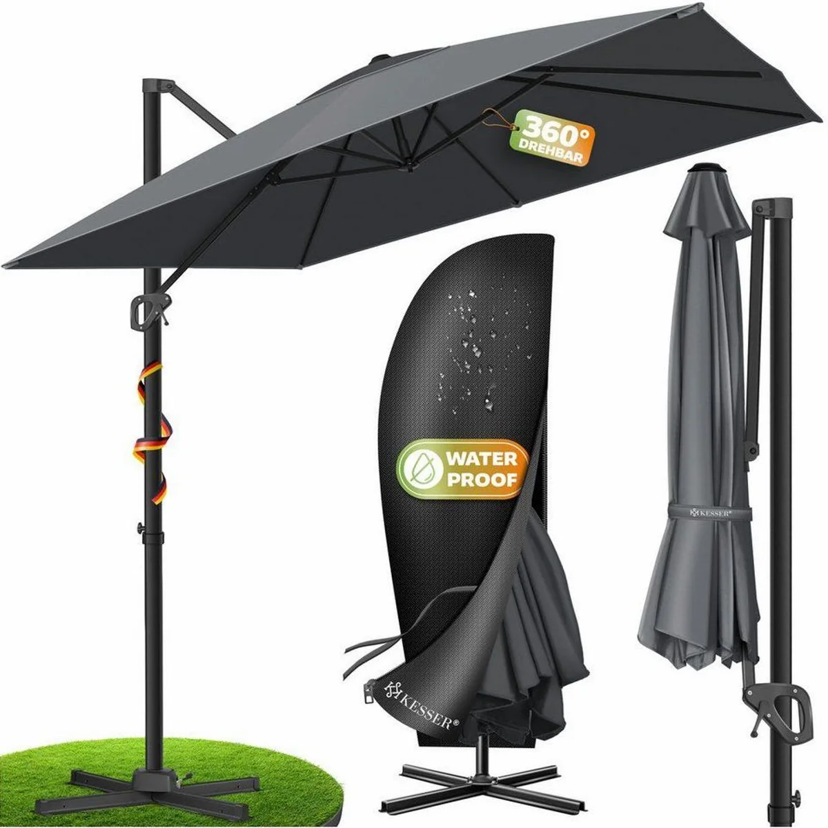 KESSER Ampelschirm SUN XL, 360° drehbar, 7 Neigungswinkel, wasserfest