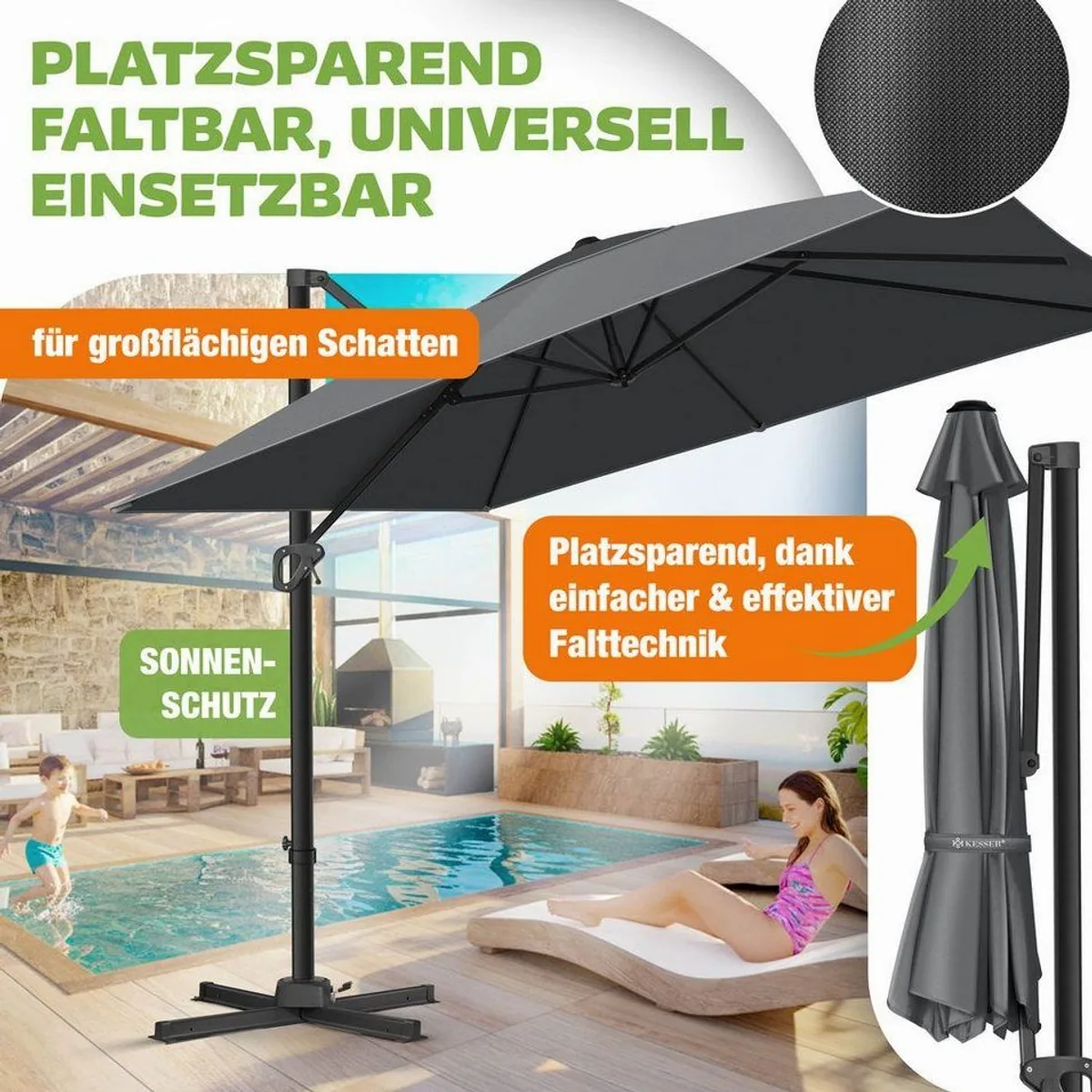 KESSER Ampelschirm SUN XL, 360° drehbar, 7 Neigungswinkel, wasserfest 2