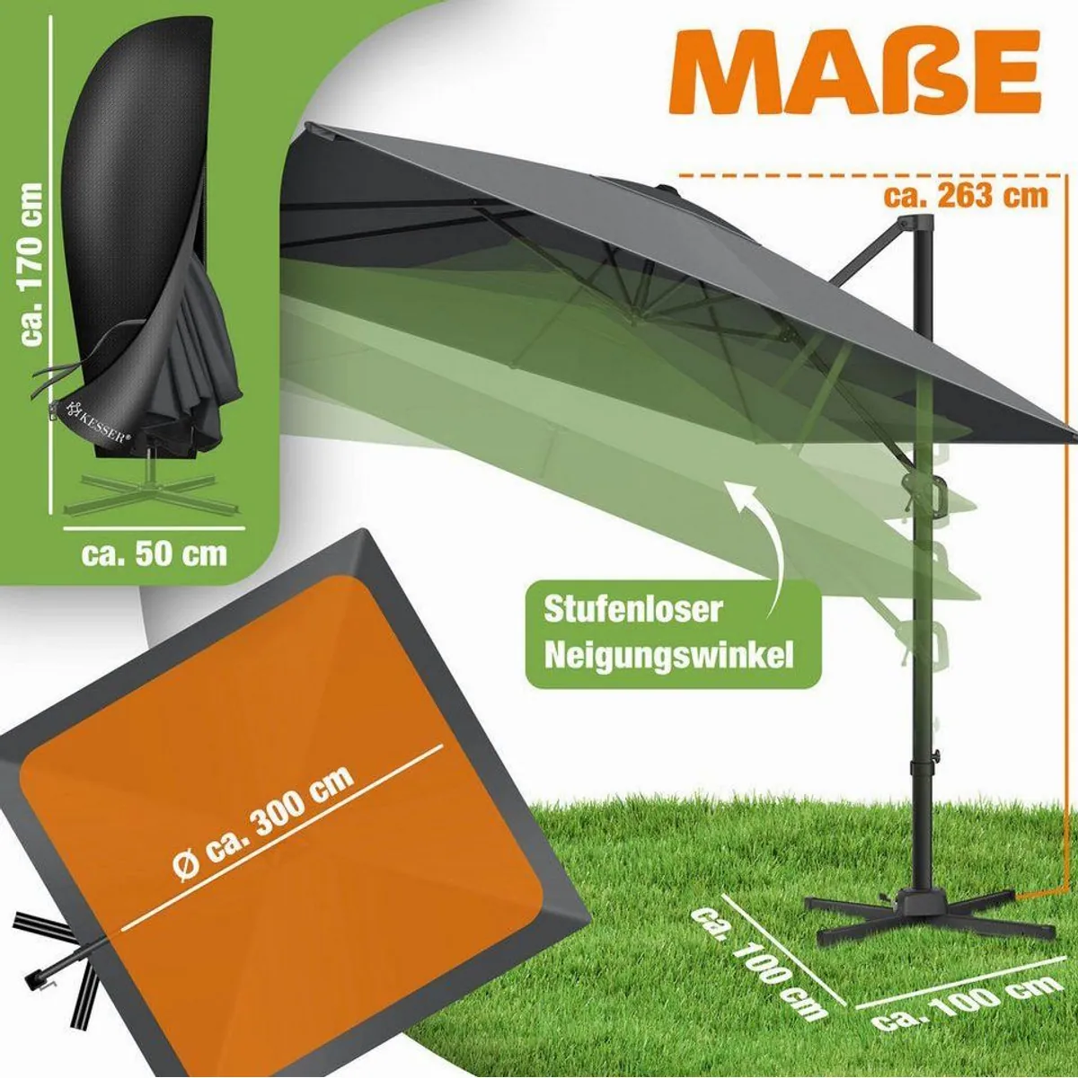 KESSER Ampelschirm SUN XL, 360° drehbar, 7 Neigungswinkel, wasserfest 5