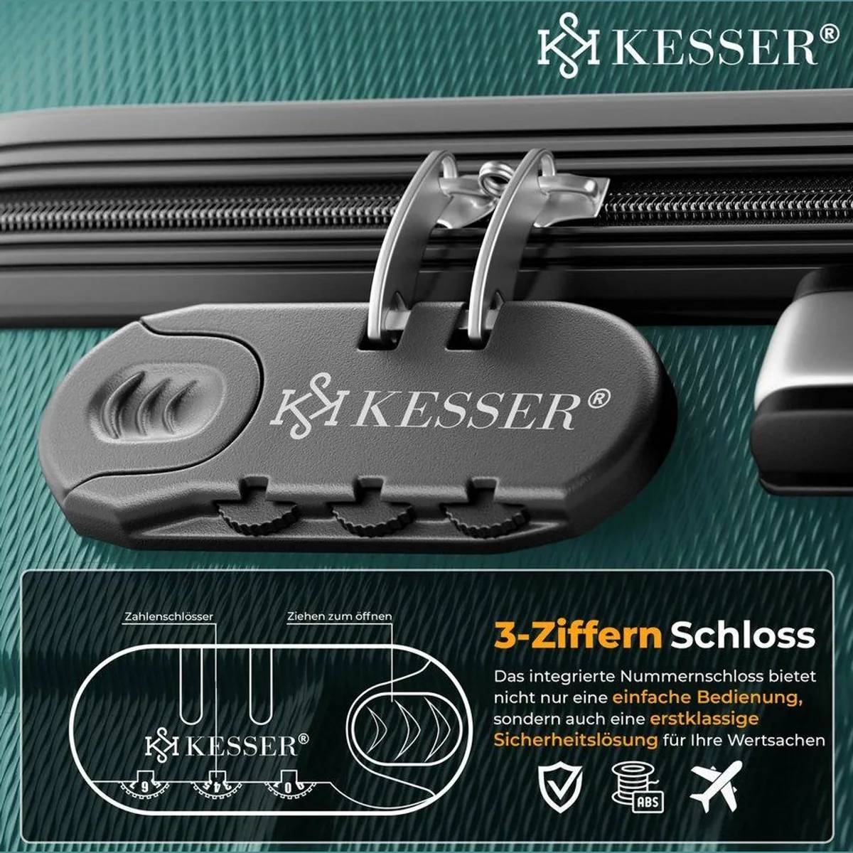 KESSER Kofferset, 4 Rollen, hohe Strapazierfähigkeit, integriertes Zahlenschloss 3