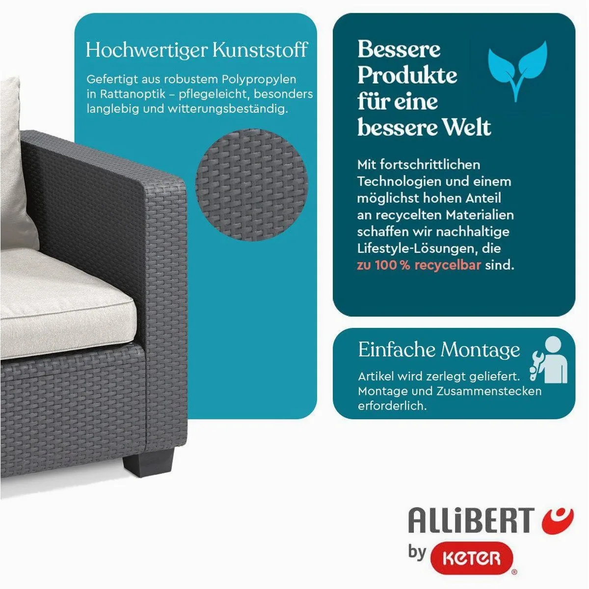 Keter Salta Gartenlounge-Set, wetterfest, inkl. Kissen und Tisch — modern, robust, pflegeleicht 3