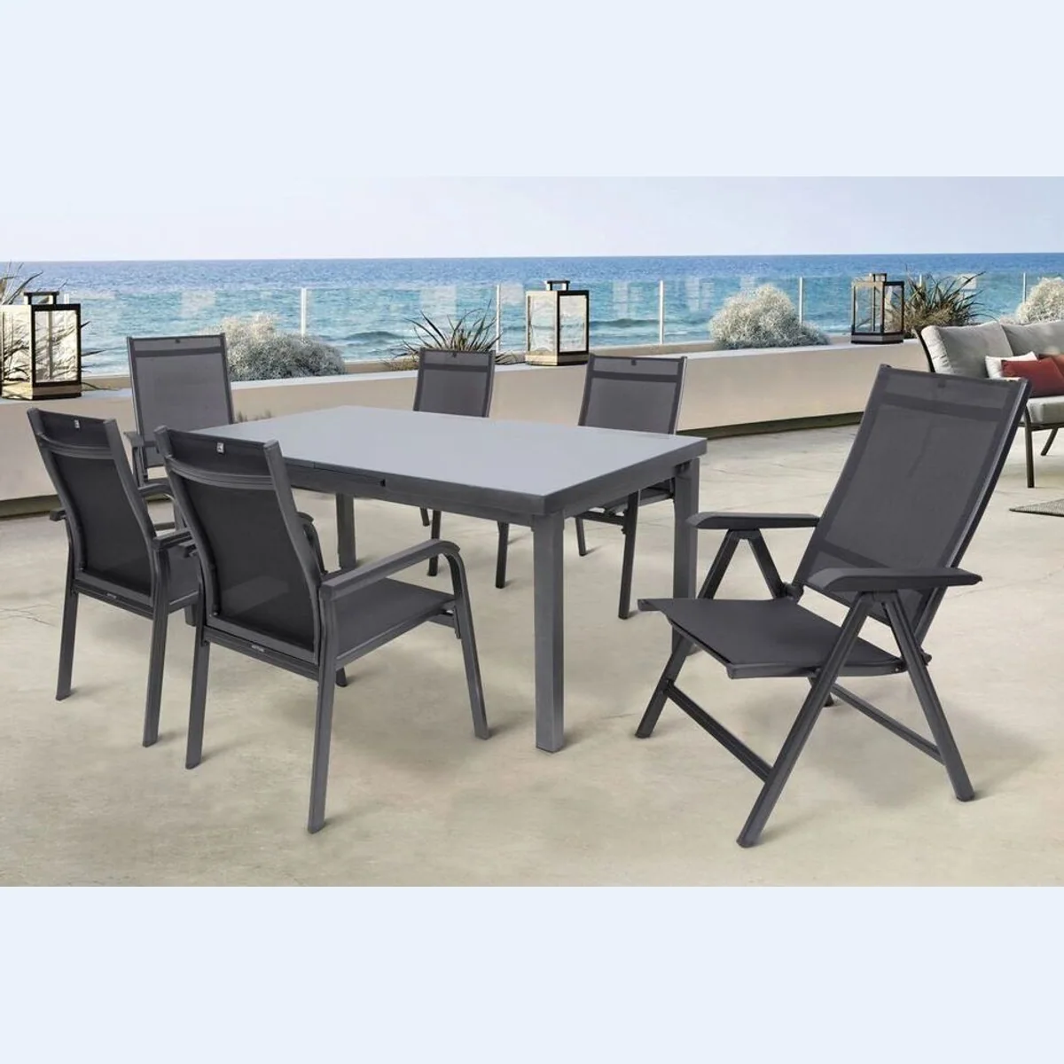Kettler BasicPlus Esstischgruppe, anthrazit, 4 Stapelstühle, 2 Klappstühle
