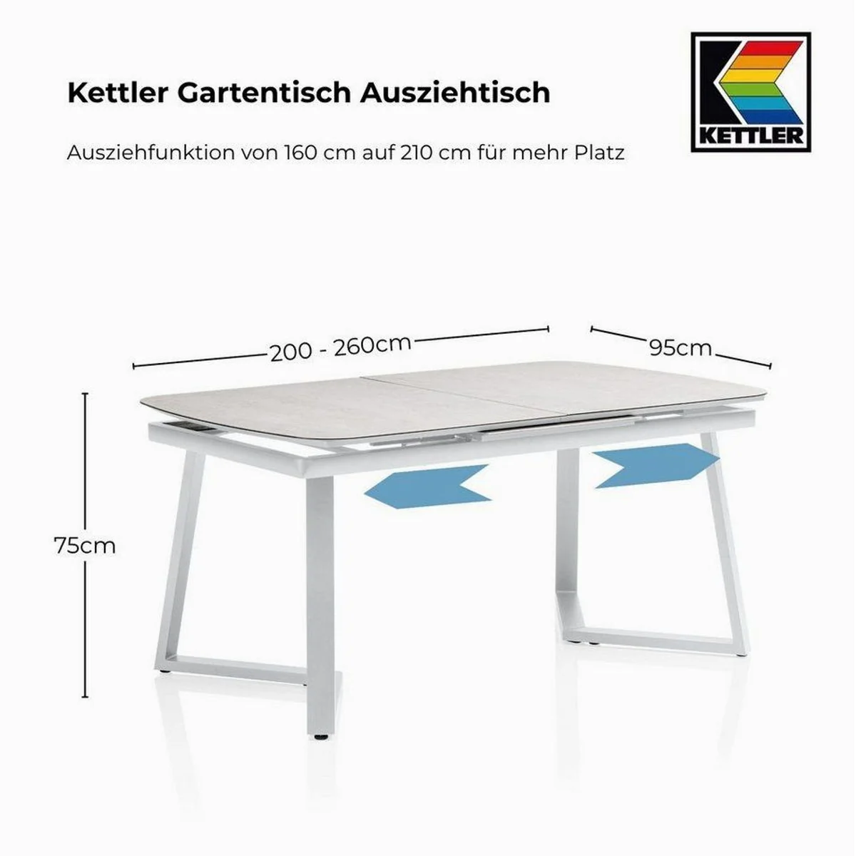 Kettler Ausziehtisch 200/260 cm, Keramik-Glas-Tischplatte, Aluminiumgestell 3