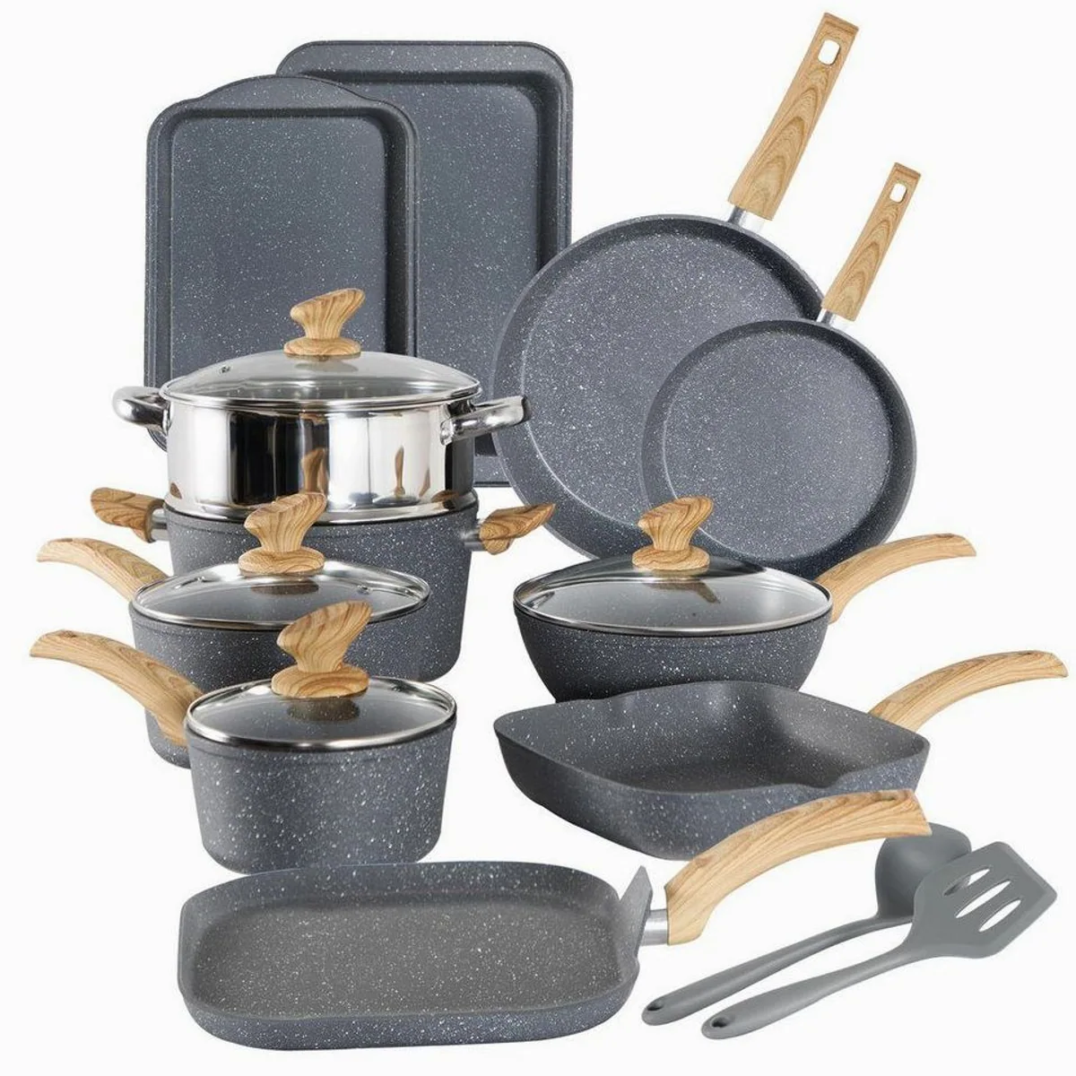 Kitchen Academy Topf-Set, 17-teilig, Aluminium, Granit — Induktionskompatibel, Antihaftbeschichtung, Glasdeckel
