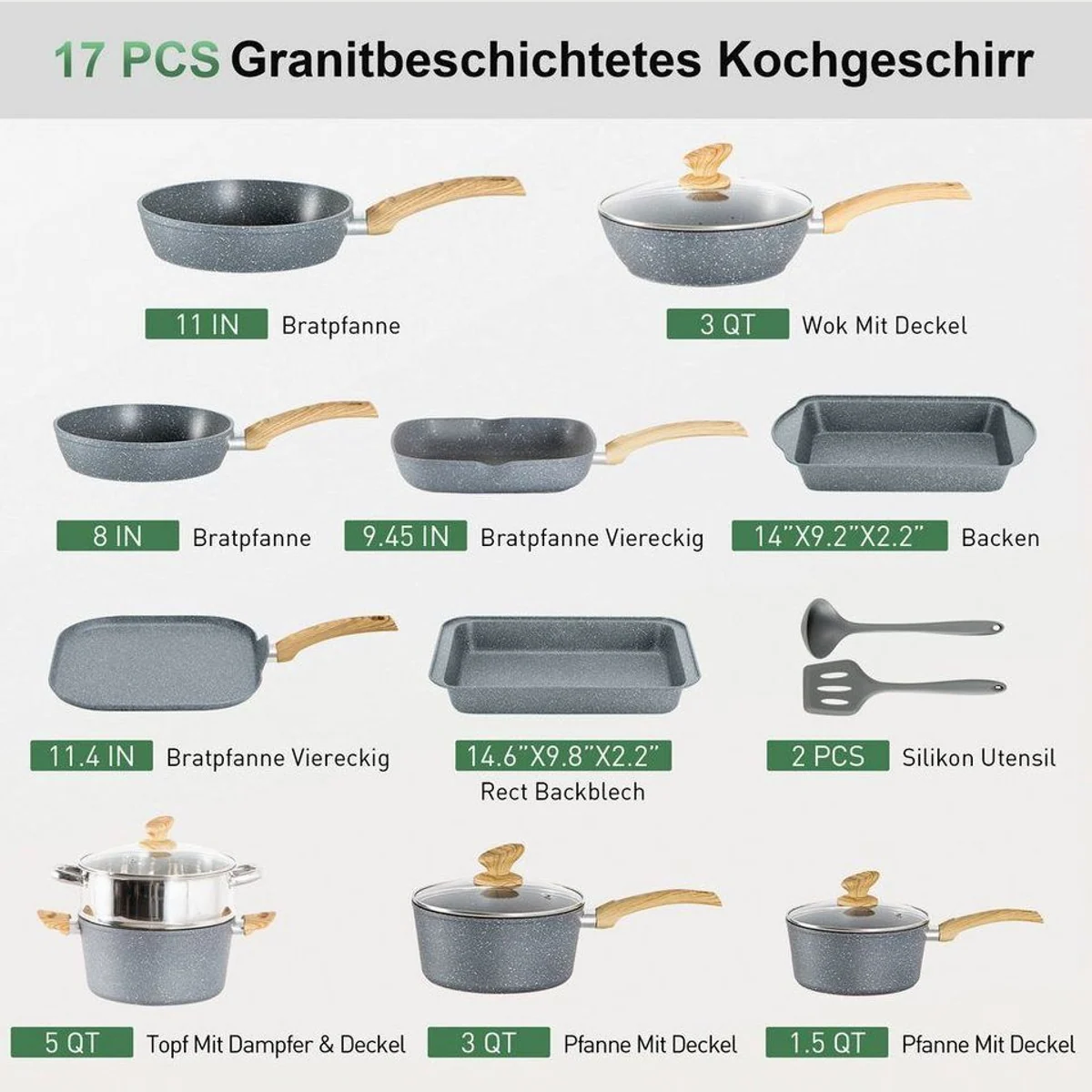 Kitchen Academy Topf-Set, 17-teilig, Aluminium, Granit — Induktionskompatibel, Antihaftbeschichtung, Glasdeckel 2