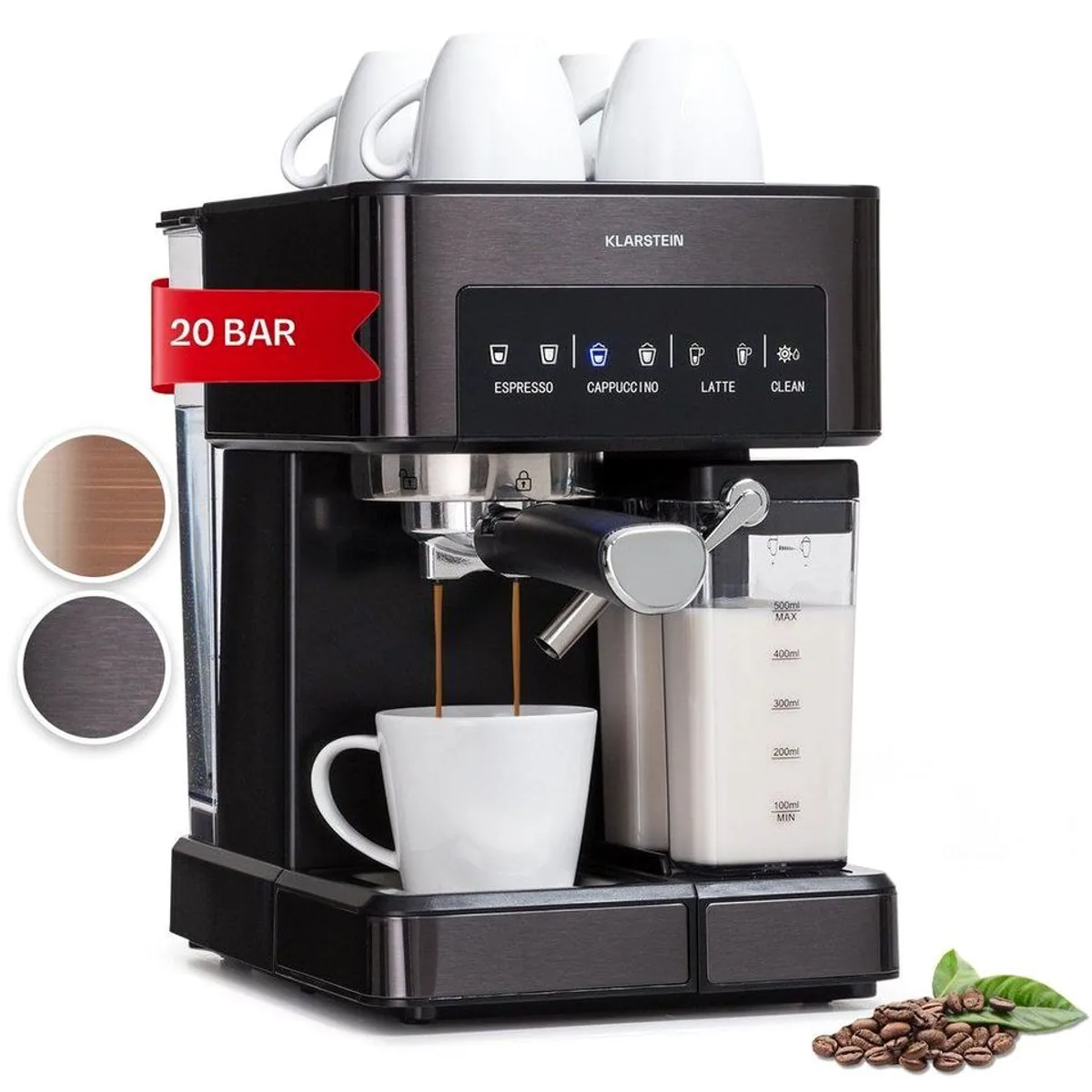 Klarstein Arabica Comfort Espressomaschine, 20 Bar Pumpendruck, 1,8 L Wassertank, Touch-Panel