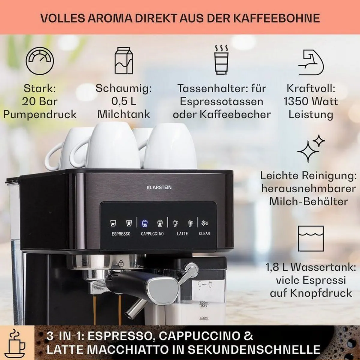 Klarstein Arabica Comfort Espressomaschine, 20 Bar Pumpendruck, 1,8 L Wassertank, Touch-Panel 3