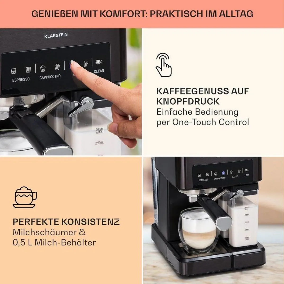 Klarstein Arabica Comfort Espressomaschine, 20 Bar Pumpendruck, 1,8 L Wassertank, Touch-Panel 4