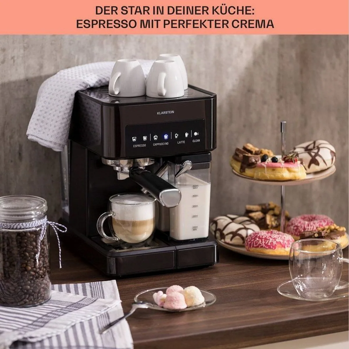 Klarstein Arabica Comfort Espressomaschine, 20 Bar Pumpendruck, 1,8 L Wassertank, Touch-Panel 5