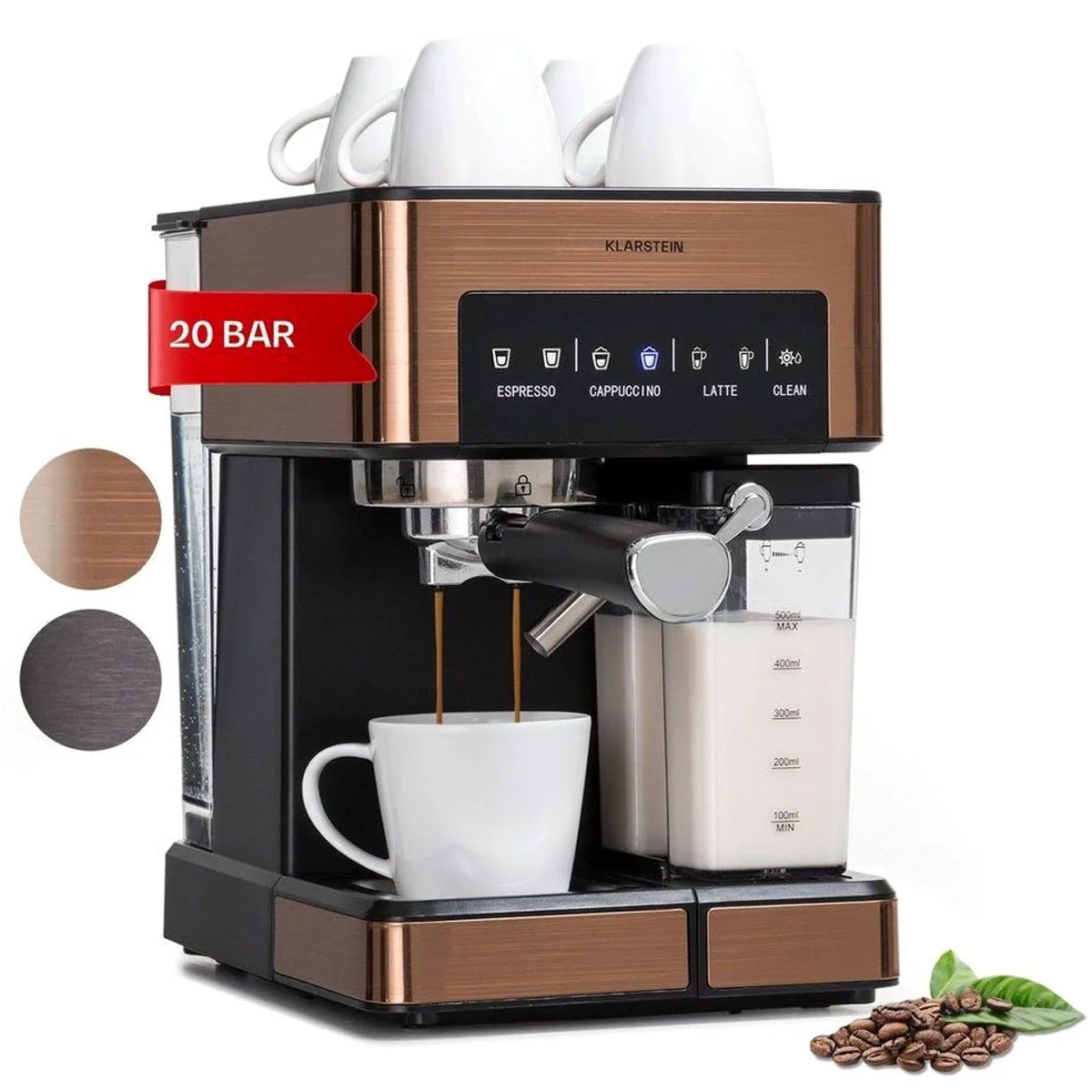 Klarstein Arabica Comfort Siebträgermaschine, 20 bar Druck, 1,8 l Wassertank, Touch-Bedienung
