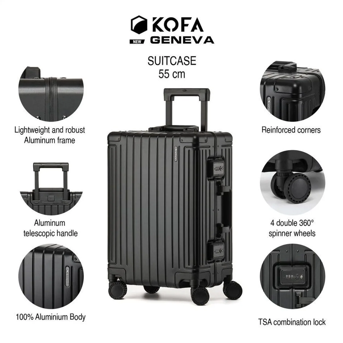 KOFA GENEVA Handgepäckkoffer, 55cm Aluminium, 4 Rollen, TSA Schloss 2