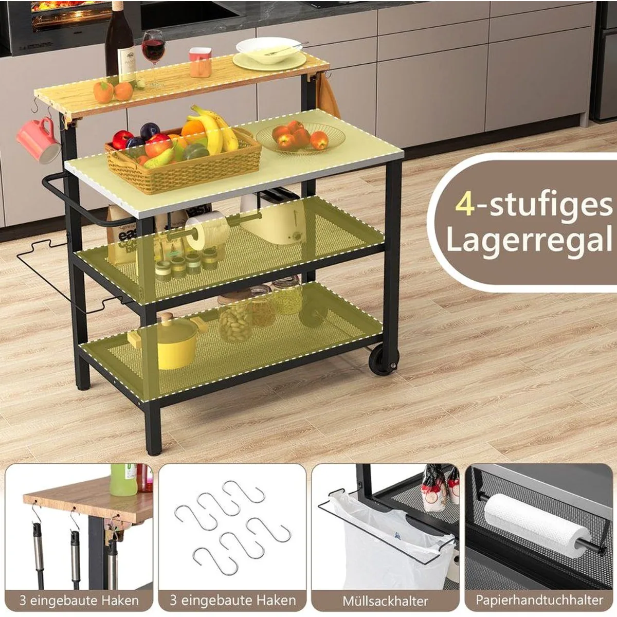 KOMFOTTEU Grillwagen, 3-stufig mit klappbarem Tisch und Haken 4