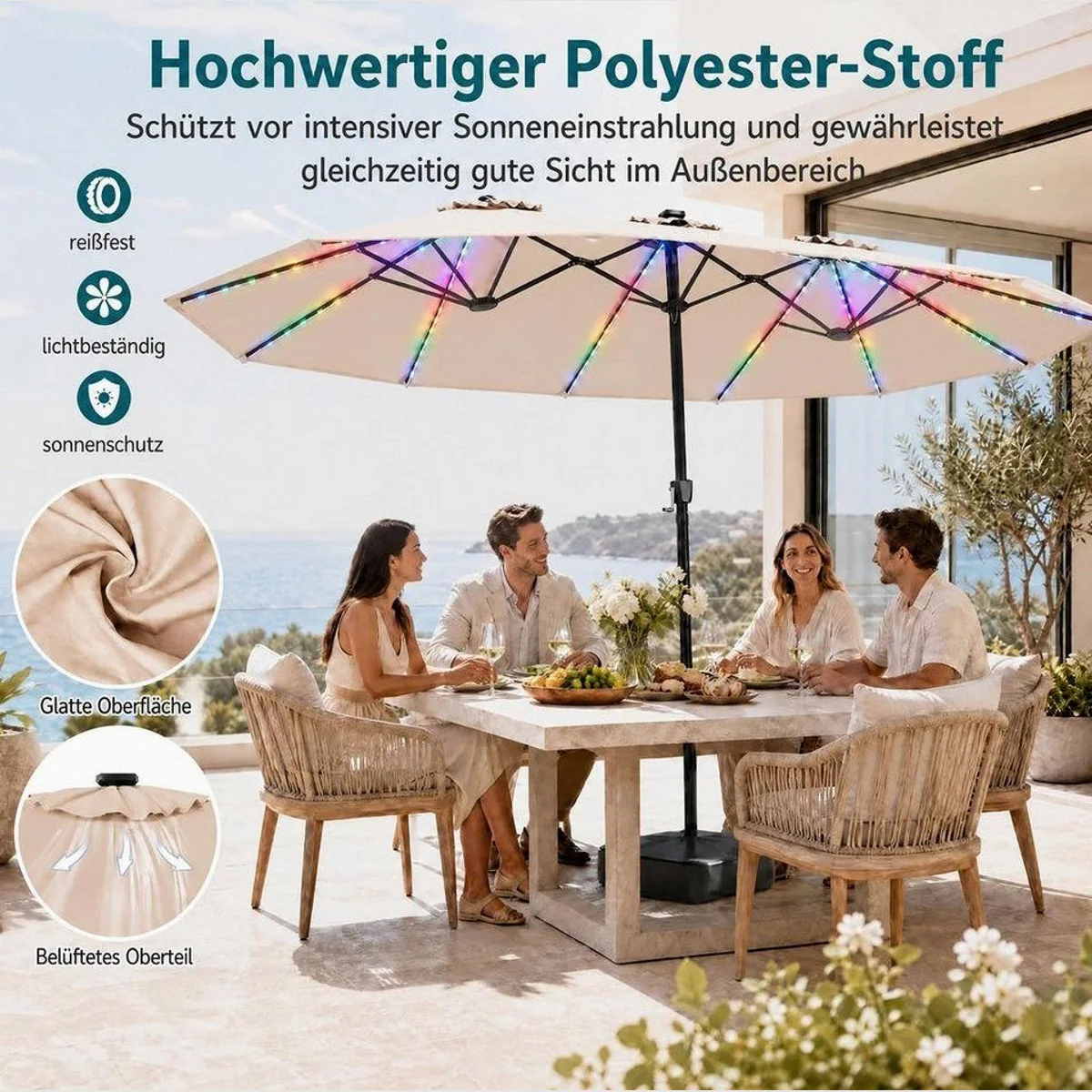 KOMFOTTEU Doppelsonnenschirm, LED-Beleuchtung, stabiler Rahmen, großzügiger Schatten 2