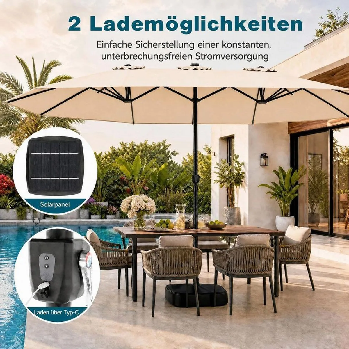 KOMFOTTEU Doppelsonnenschirm, LED-Beleuchtung, stabiler Rahmen, großzügiger Schatten 4
