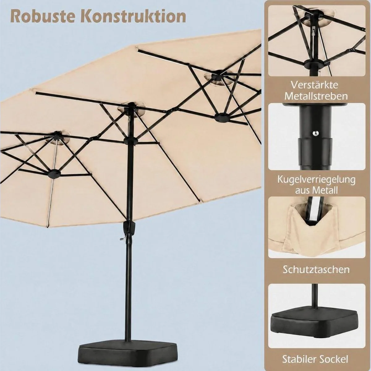 KOMFOTTEU Doppelsonnenschirm, LED-Beleuchtung, stabiler Rahmen, großzügiger Schatten 5